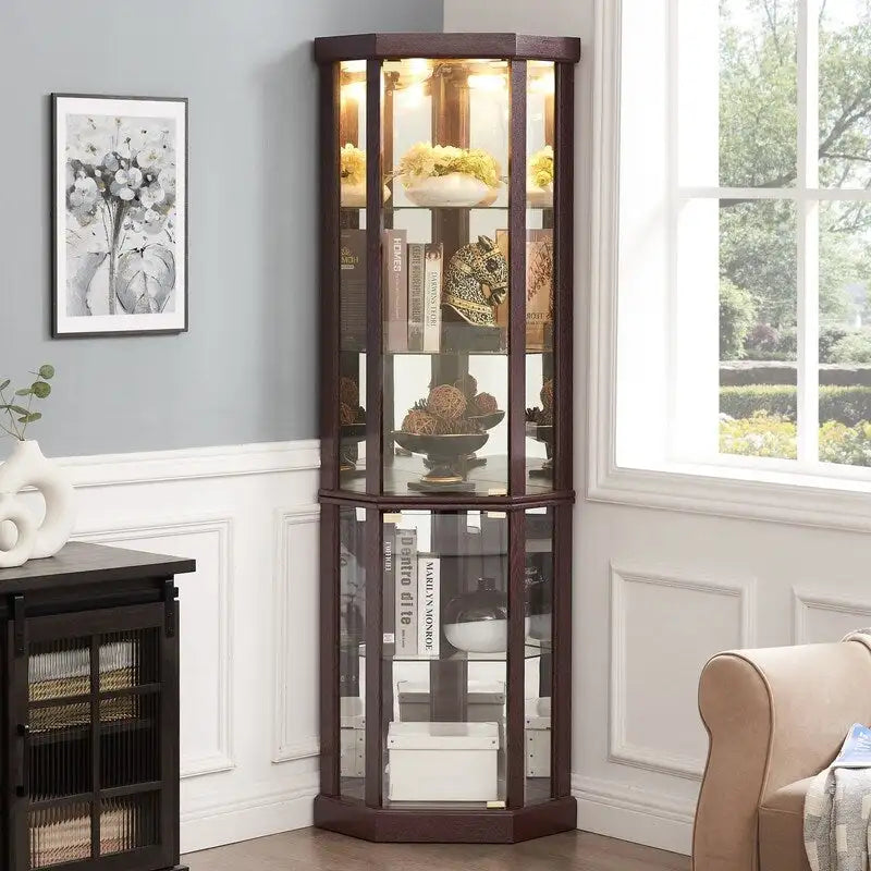 Vitrine en verre éclairée avec fond miroir et étagères réglables
