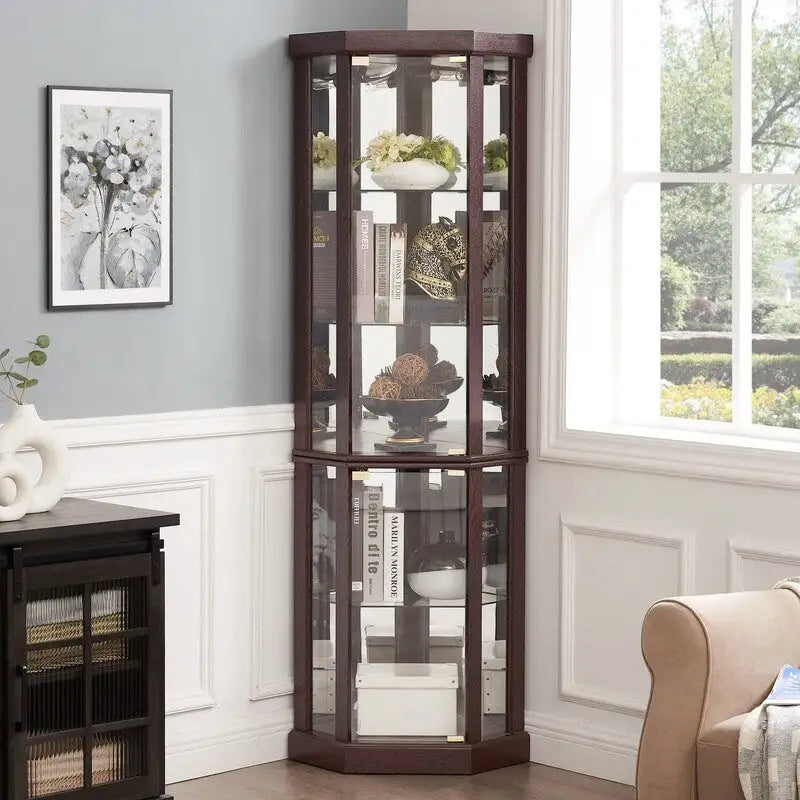 Vitrine en verre éclairée avec fond miroir et étagères réglables