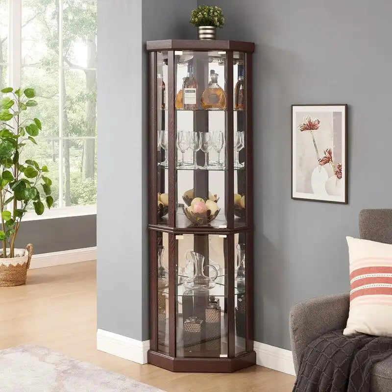 Vitrine en verre éclairée avec fond miroir et étagères réglables