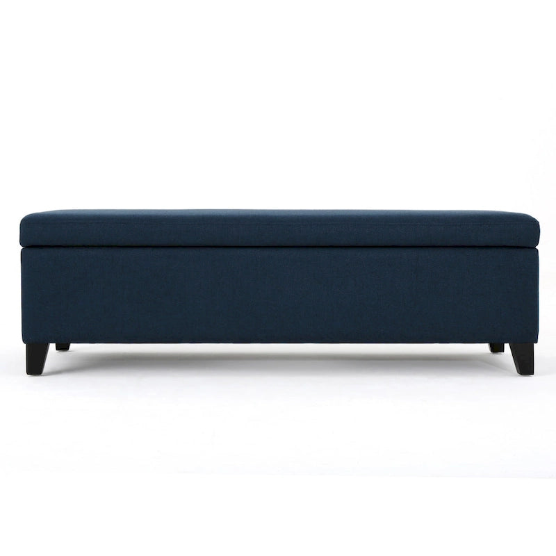 Banc de rangement ottoman en tissu bleu marine avec pieds en bois de bouleau massif