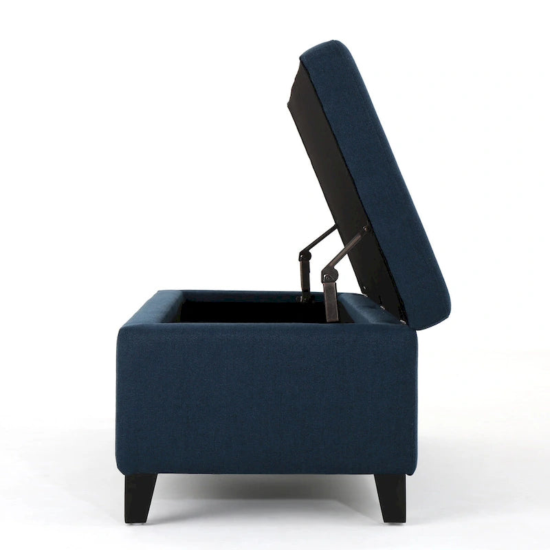 Banc de rangement ottoman en tissu bleu marine avec pieds en bois de bouleau massif