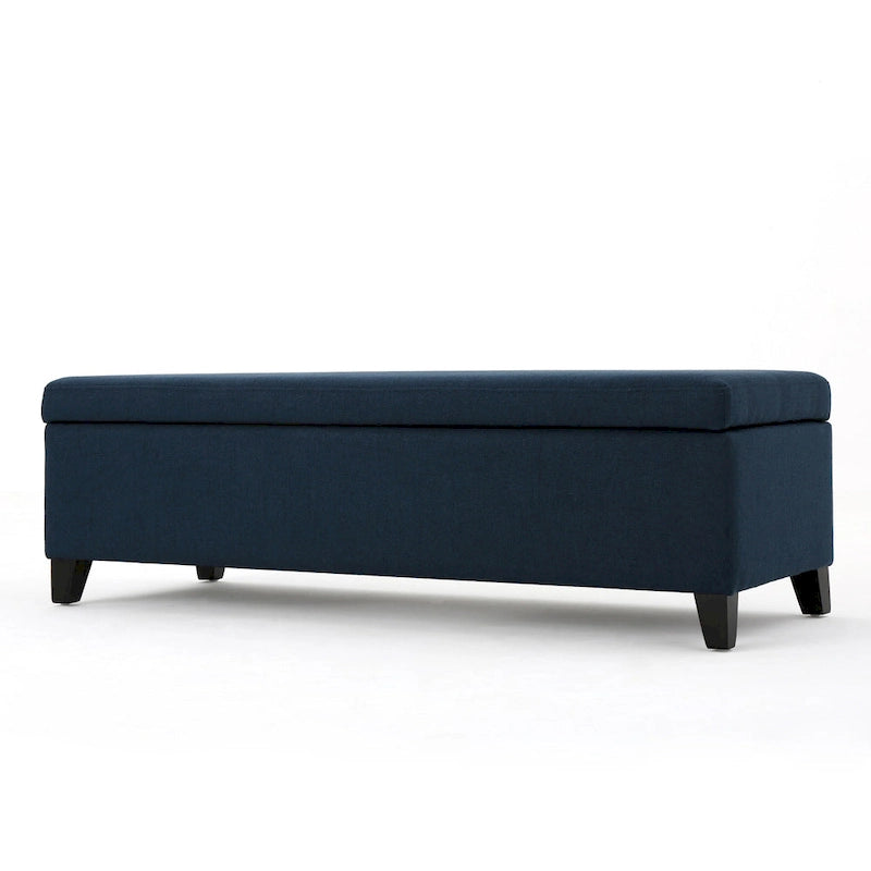 Banc de rangement ottoman en tissu bleu marine avec pieds en bois de bouleau massif