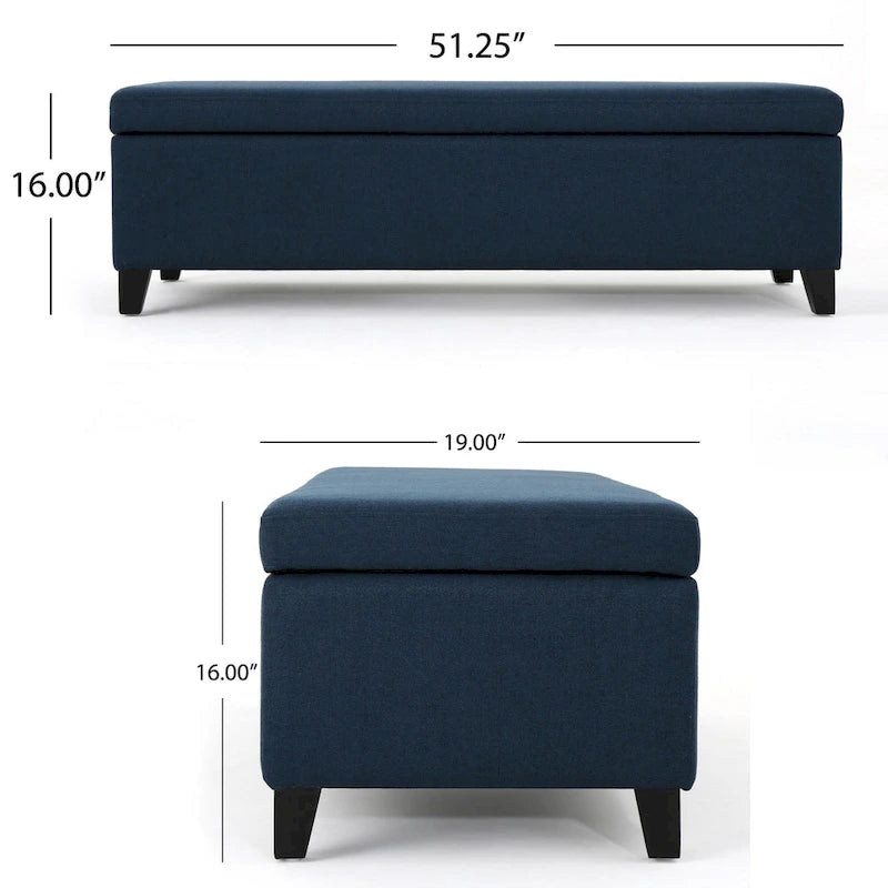 Banc de rangement ottoman en tissu bleu marine avec pieds en bois de bouleau massif