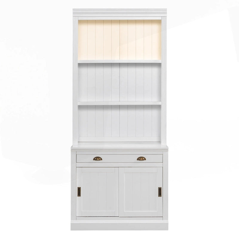 Étagère haute avec éclairage LED, tiroir et portes coulissantes