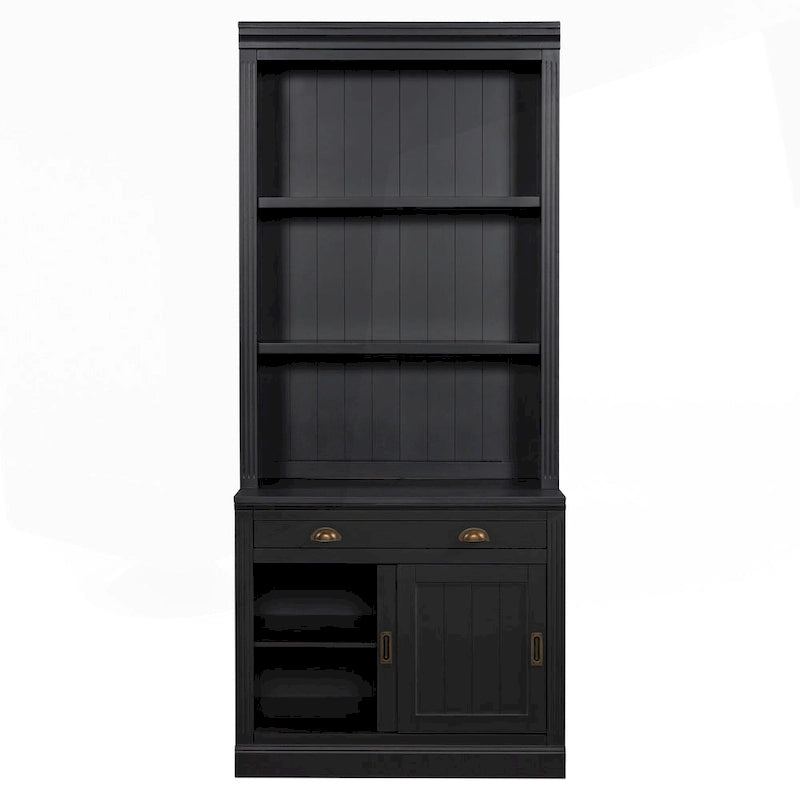 Étagère haute avec éclairage LED, tiroir et portes coulissantes