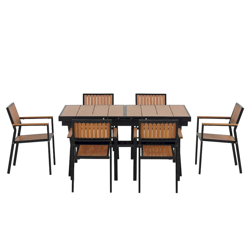 Ensemble de salle à manger extérieur extensible 7 pièces avec table extensible et 6 chaises avec accoudoirs
