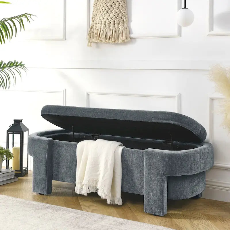 Banc de rangement capitonné en chenille avec pieds tournés