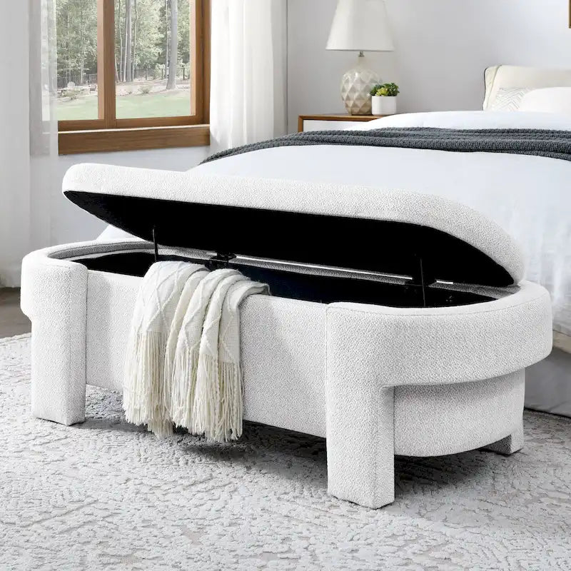 Banc de rangement capitonné en chenille avec pieds tournés