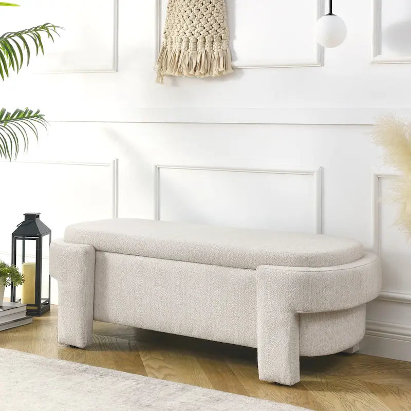 Banc de rangement capitonné en chenille avec pieds tournés