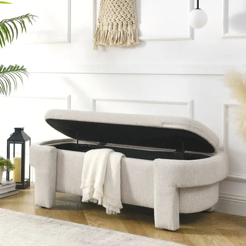 Banc de rangement capitonné en chenille avec pieds tournés
