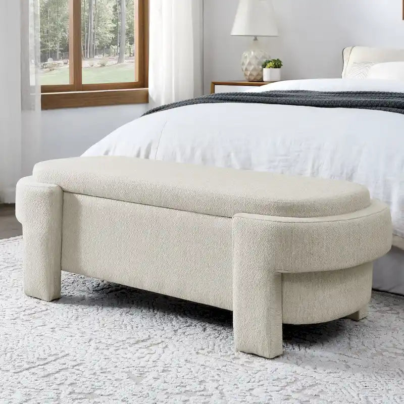 Banc de rangement capitonné en chenille avec pieds tournés