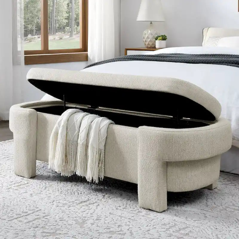 Banc de rangement capitonné en chenille avec pieds tournés