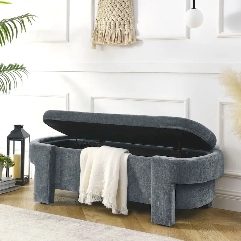 Banc de rangement capitonné en chenille avec pieds tournés