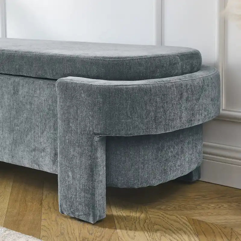 Banc de rangement capitonné en chenille avec pieds tournés