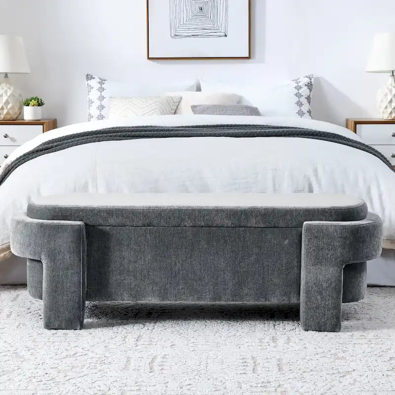 Banc de rangement capitonné en chenille avec pieds tournés