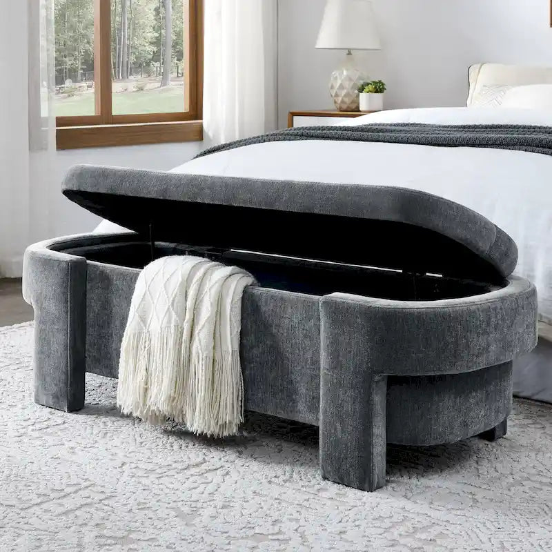 Banc de rangement capitonné en chenille avec pieds tournés