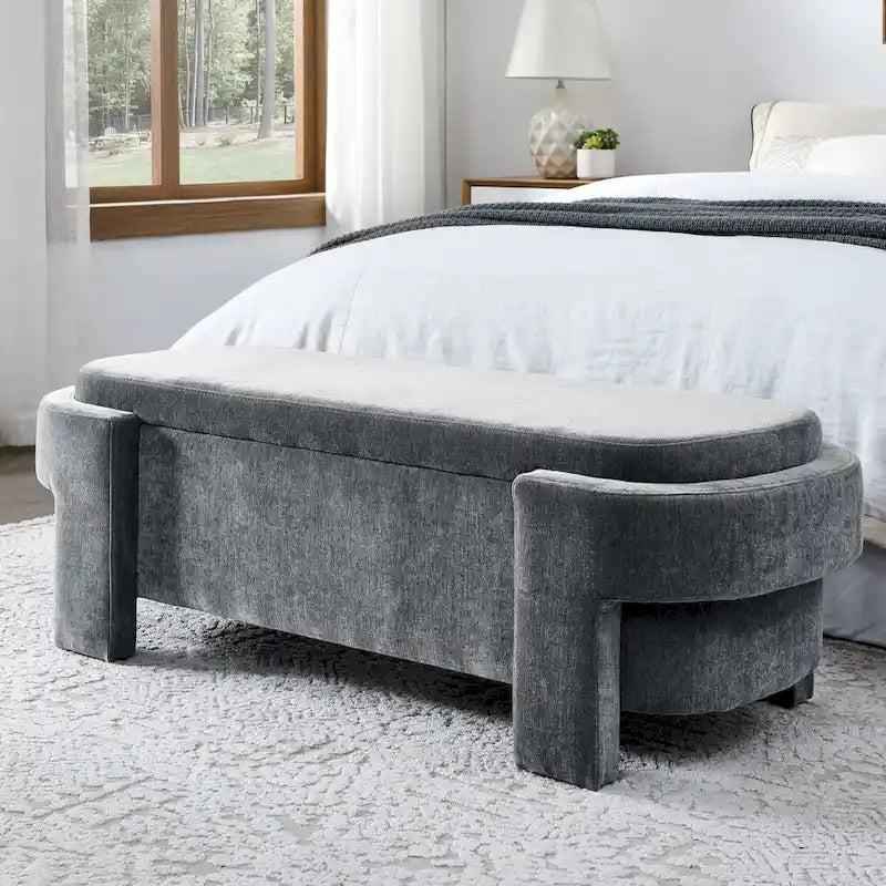 Banc de rangement capitonné en chenille avec pieds tournés
