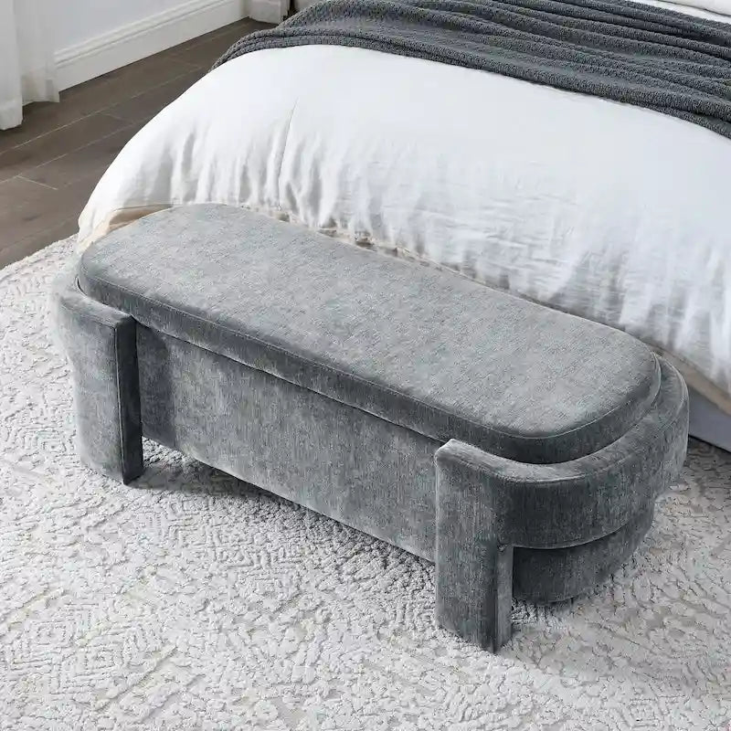 Banc de rangement capitonné en chenille avec pieds tournés
