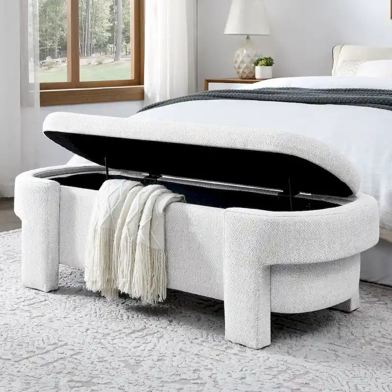 Banc de rangement capitonné en chenille avec pieds tournés
