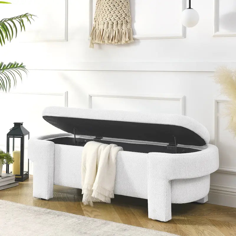 Banc de rangement capitonné en chenille avec pieds tournés