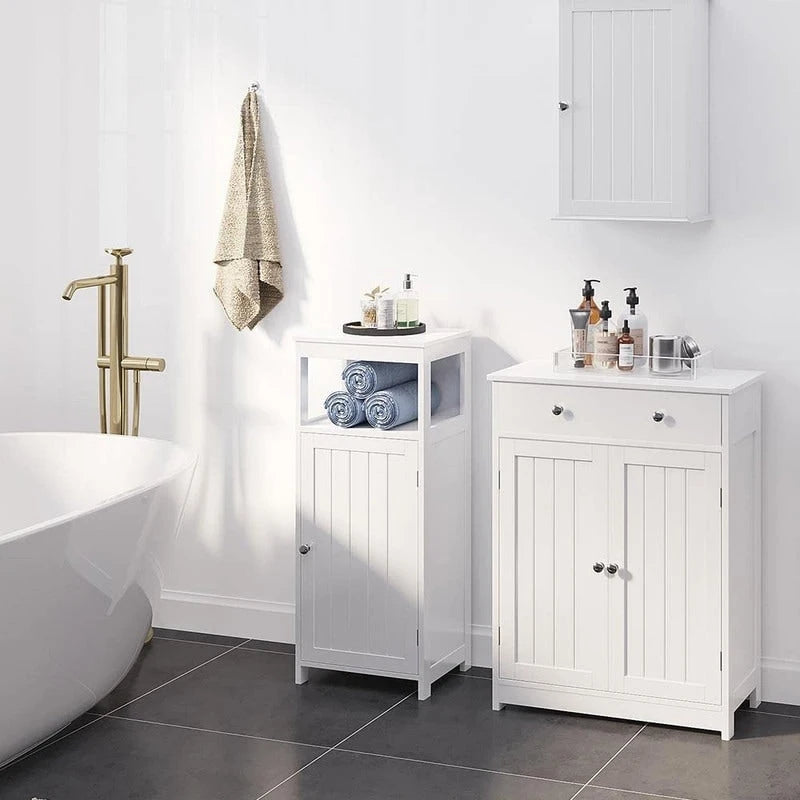 Meuble de rangement de salle de bain autoportant avec étagère ouverte, tiroir et meuble à porte à 2 étagères