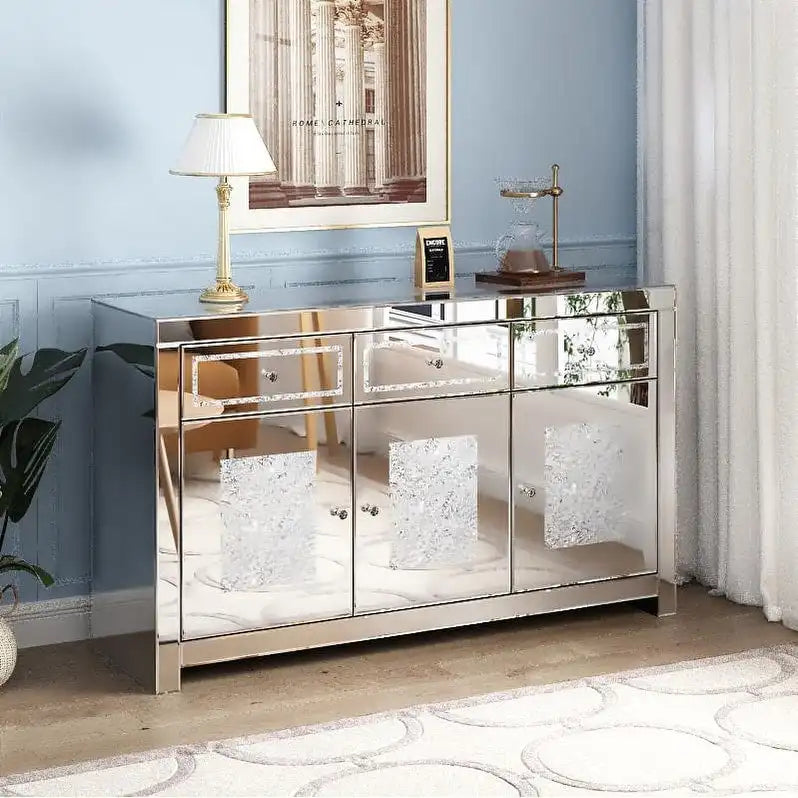 Bahut miroir d'appoint avec garniture diamantée et poignées en cristal