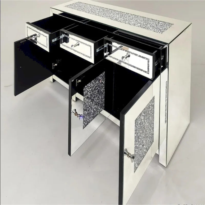 Bahut miroir d'appoint avec garniture diamantée et poignées en cristal