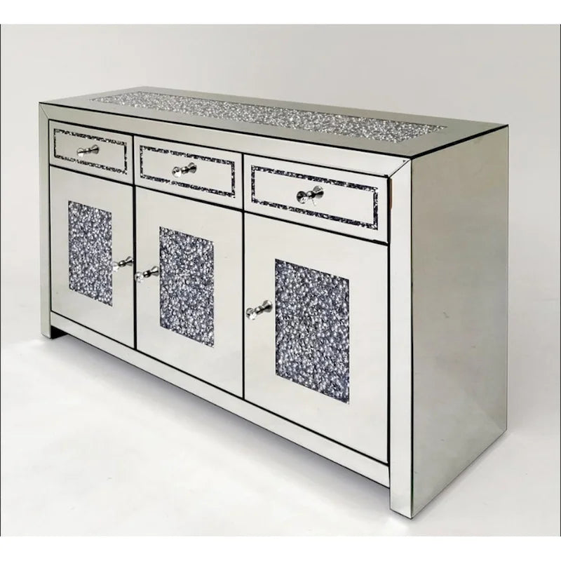 Bahut miroir d'appoint avec garniture diamantée et poignées en cristal