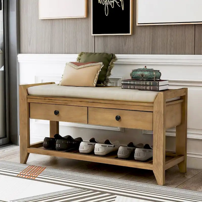Banc de rangement en pin avec coussin et tiroirs