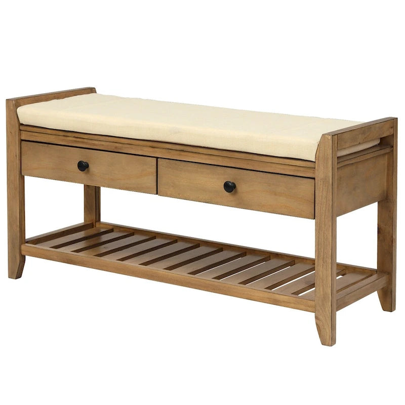 Banc de rangement en pin avec coussin et tiroirs