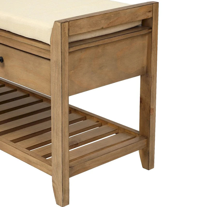 Banc de rangement en pin avec coussin et tiroirs
