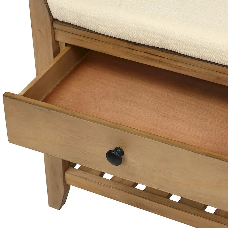 Banc de rangement en pin avec coussin et tiroirs
