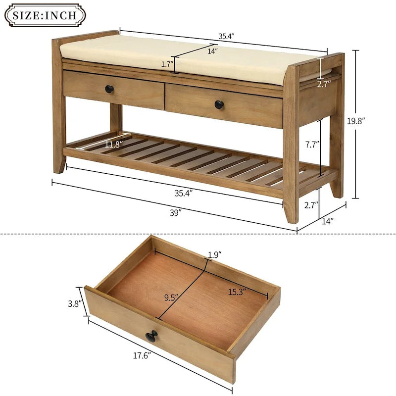 Banc de rangement en pin avec coussin et tiroirs
