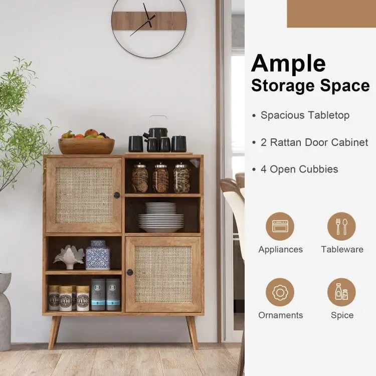 Meuble buffet bohème en rotin avec 2 armoires à portes, 4 niches ouvertes et pieds en bois massif