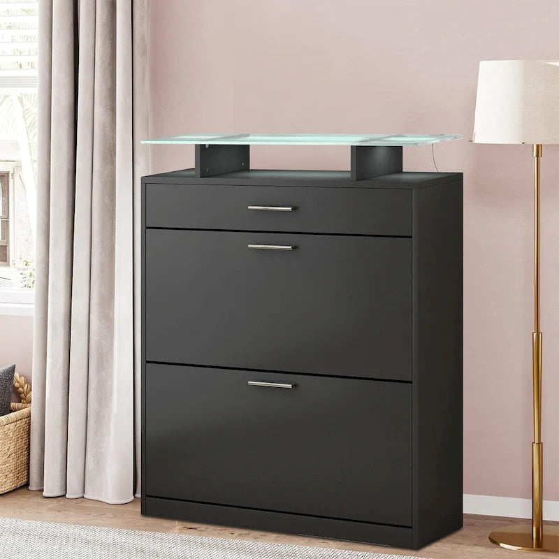 Meuble à chaussures avec plateau en verre et éclairage LED — 2 tiroirs abattants + tiroir de rangement