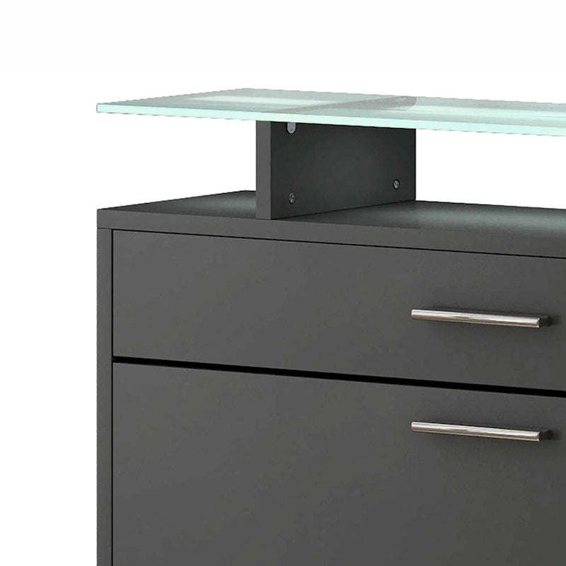 Meuble à chaussures avec plateau en verre et éclairage LED — 2 tiroirs abattants + tiroir de rangement