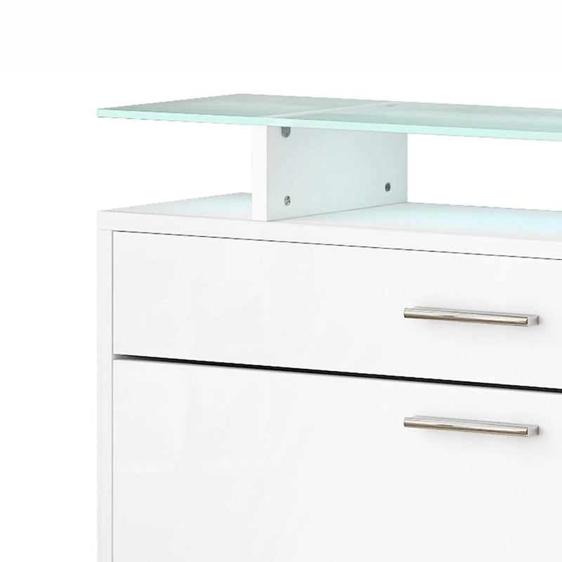 Meuble à chaussures avec plateau en verre et éclairage LED — 2 tiroirs abattants + tiroir de rangement