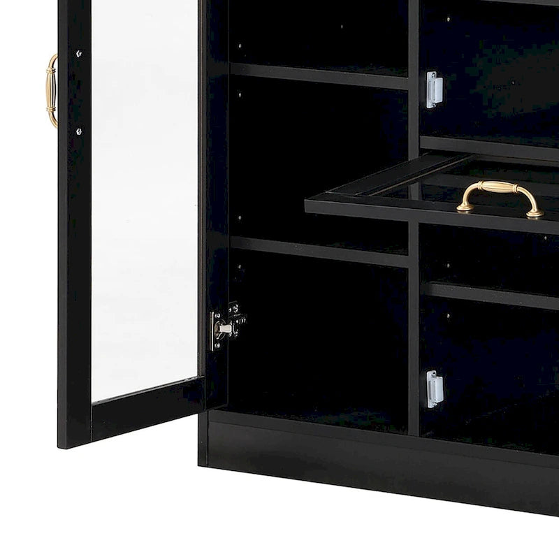 Meuble de rangement pour chaussures en bois et verre avec poignées dorées