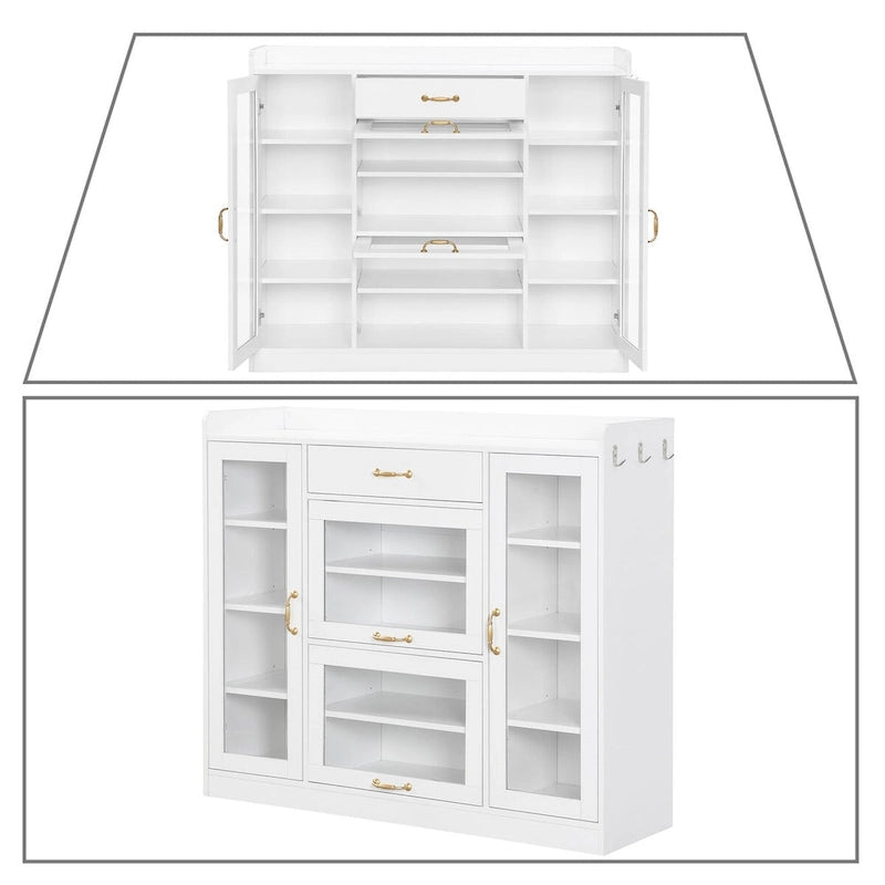 Meuble de rangement pour chaussures en bois et verre avec poignées dorées