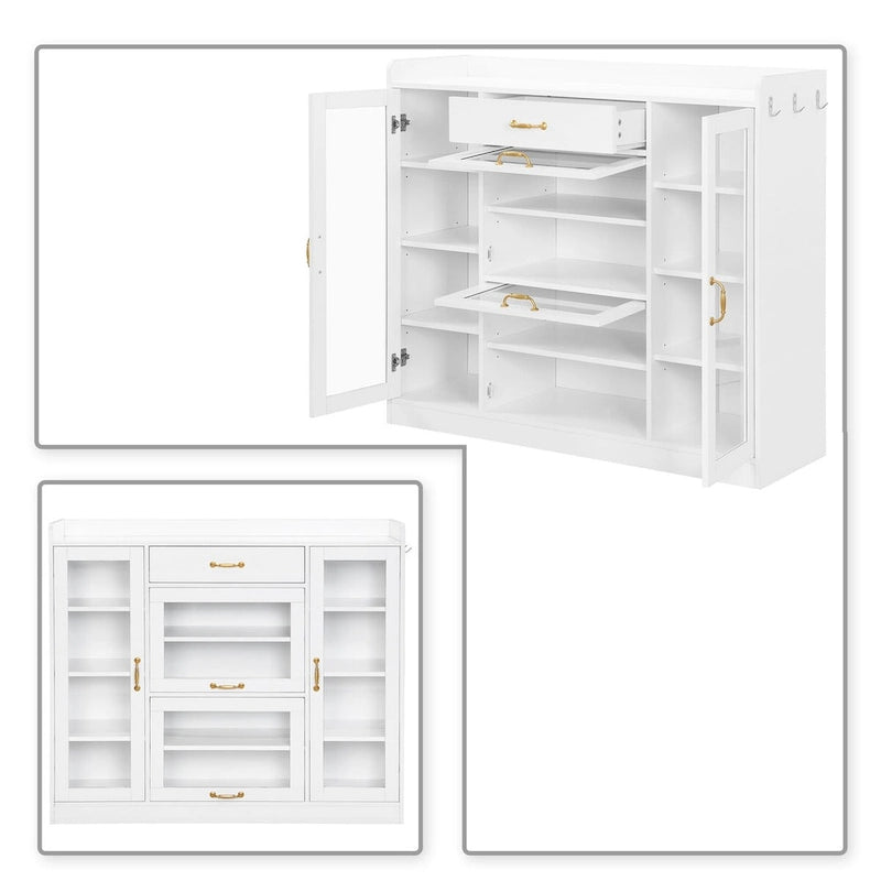 Meuble de rangement pour chaussures en bois et verre avec poignées dorées