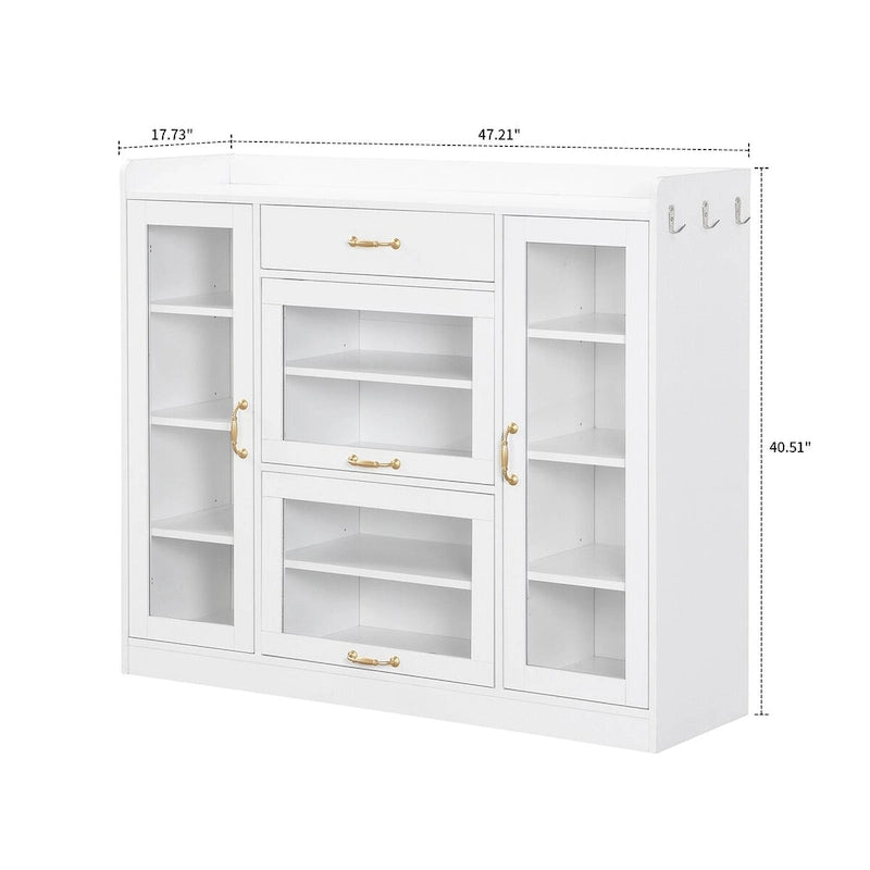 Meuble de rangement pour chaussures en bois et verre avec poignées dorées