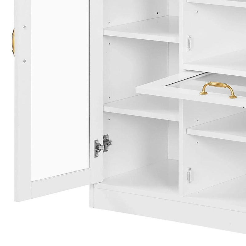 Meuble de rangement pour chaussures en bois et verre avec poignées dorées