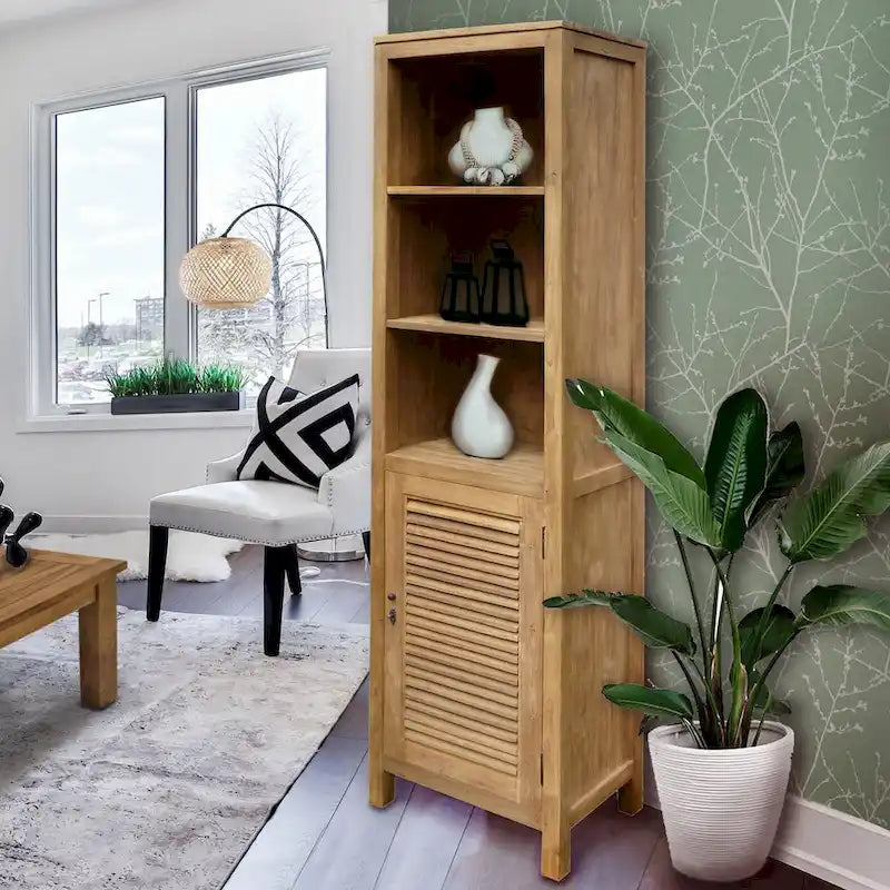 Meuble bas en teck recyclé à persiennes avec étagères ouvertes et serrure vintage