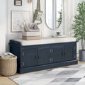 Banc de rangement classique 4 portes avec coussin en lin amovible et étagères réglables