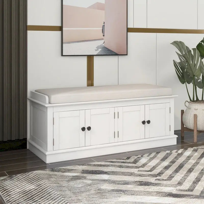 Banc de rangement classique 4 portes avec coussin en lin amovible et étagères réglables