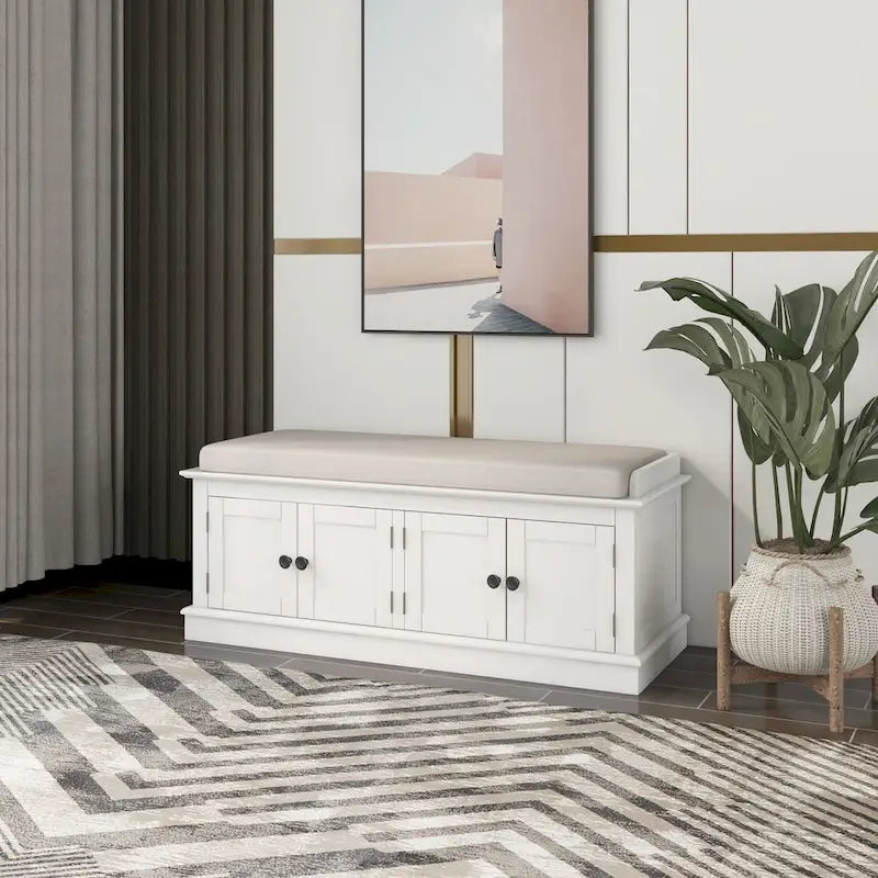 Banc de rangement classique 4 portes avec coussin en lin amovible et étagères réglables