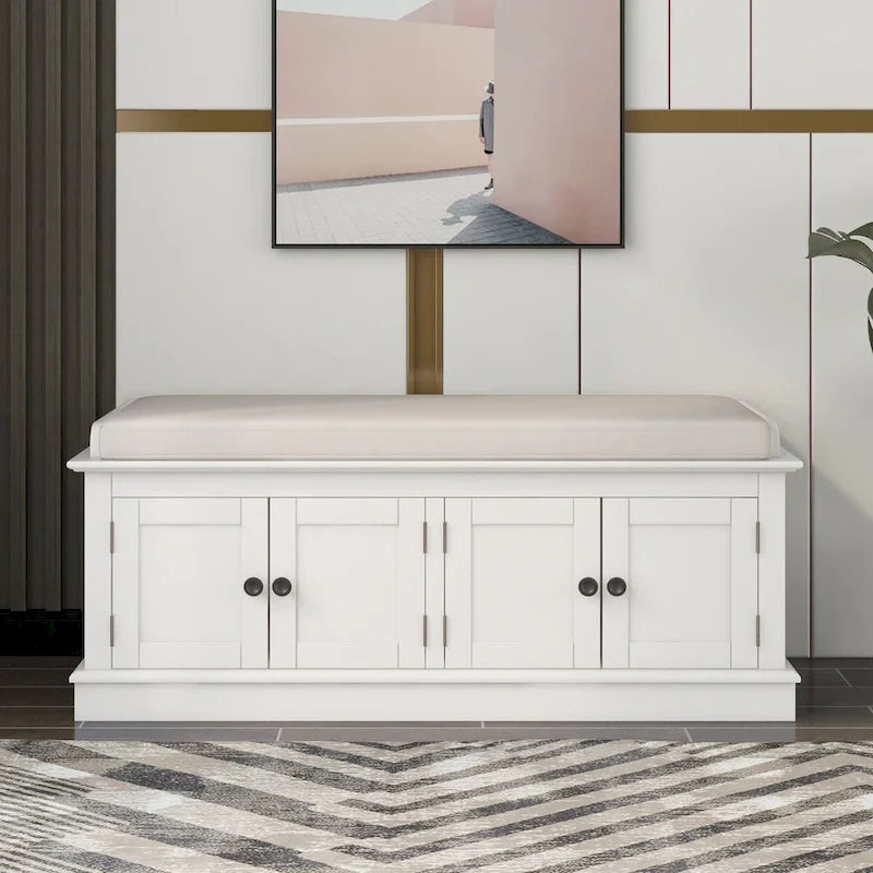 Banc de rangement classique 4 portes avec coussin en lin amovible et étagères réglables
