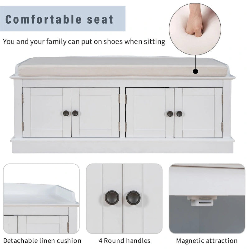 Banc de rangement classique 4 portes avec coussin en lin amovible et étagères réglables