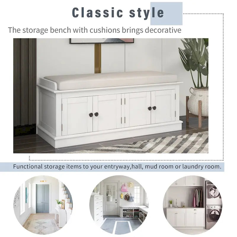 Banc de rangement classique 4 portes avec coussin en lin amovible et étagères réglables