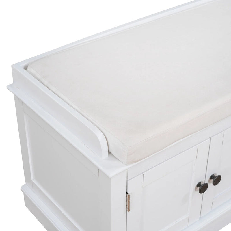Banc de rangement classique 4 portes avec coussin en lin amovible et étagères réglables